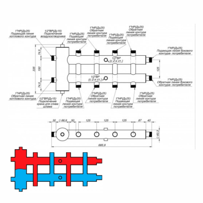 Коллектор распределительный с гидрострелкой GSK 25-5 ЭКО AISI 201 Proxytherm (Россия) 5 контуров + крепеж стеновой