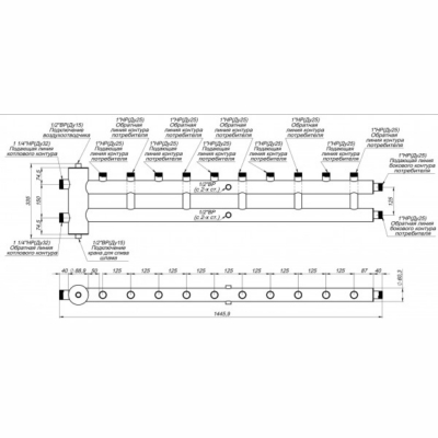 Коллектор распределительный с гидрострелкой GSK 32-5.1 AISI 304 Proxytherm (Россия) 6 контуров + крепеж стеновой